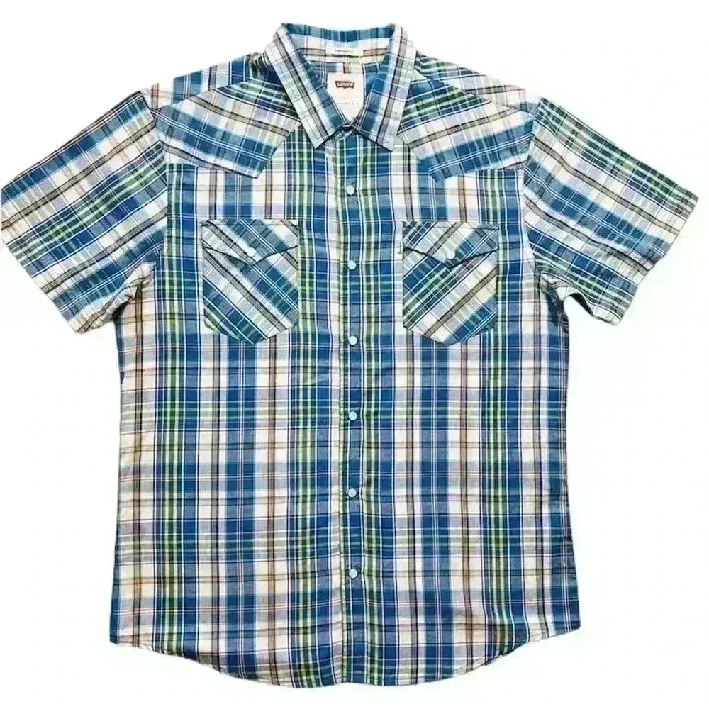 Levi's Barstow Western Short Sleeve Multi Color Checker‎ Plaid Snap Shirt Size L